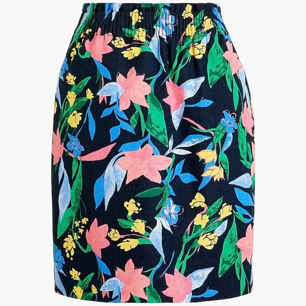 J. Crew Women's Linen Blend Navy Blue Pink Floral Elastic Waist Skirt Size 8 M